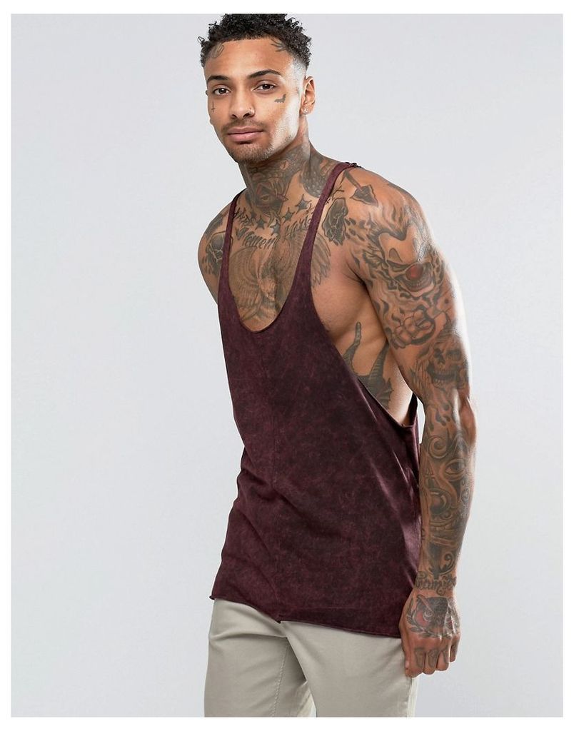 ASOS Vest With Acid Wash And Raw Edge Extreme Racer Back - Red