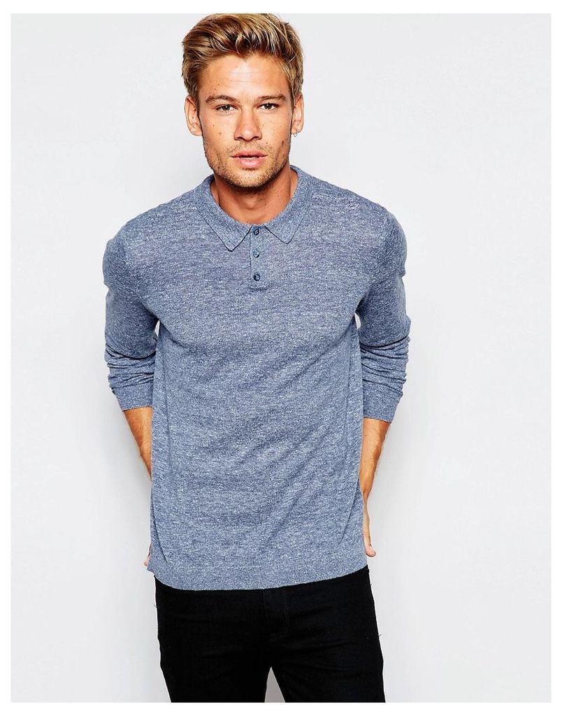 ASOS Knitted Polo Neck Jumper In Cotton - Denim twist nep