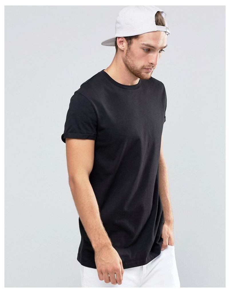 ASOS Longline T-Shirt With Roll Sleeve In Black - Black