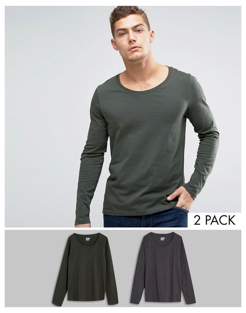 ASOS Long Sleeve T-Shirt With Scoop Neck 2 Pack - Charcoal/khaki