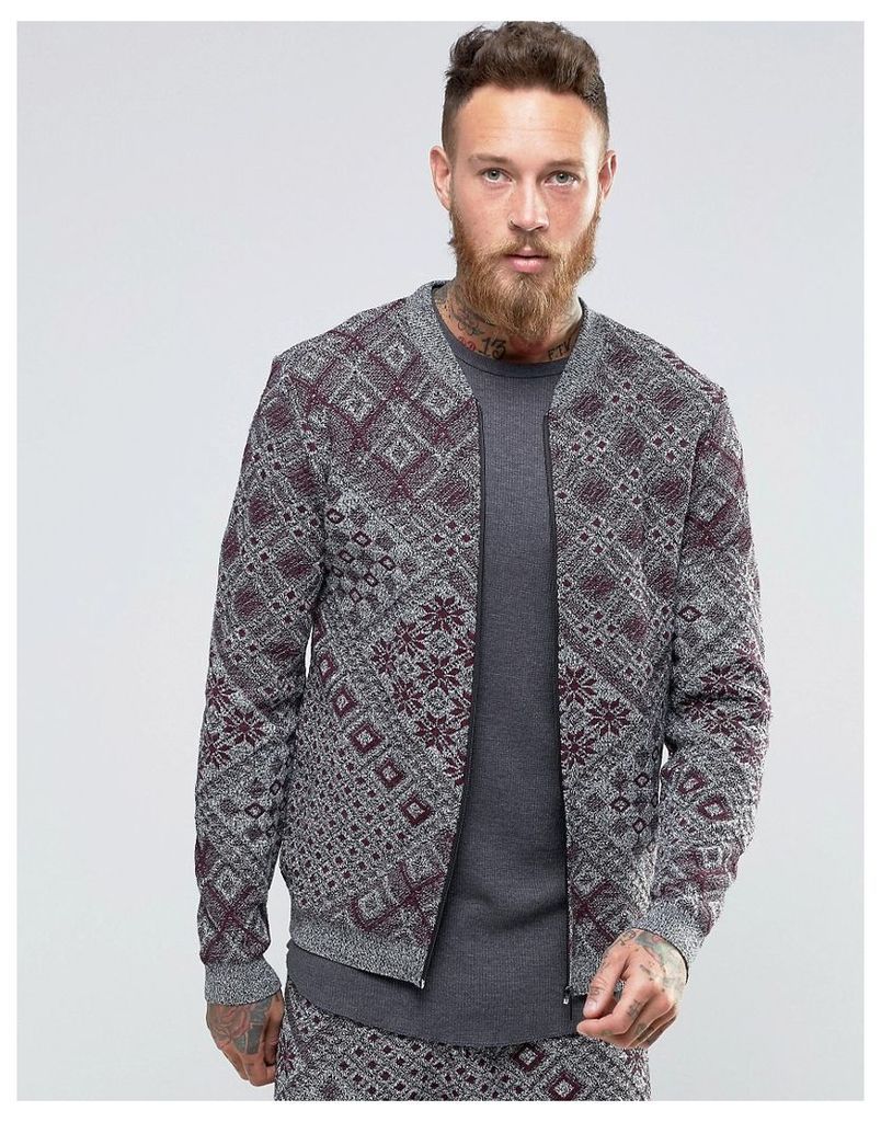 ASOS Knitted Bomber Jacket with Aztec Design - Grey