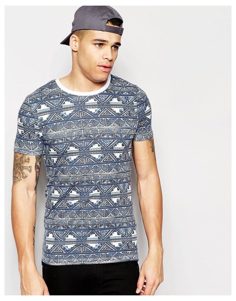 ASOS Muscle T-Shirt With Aztec Print And Contrast Ringer - Blue/white
