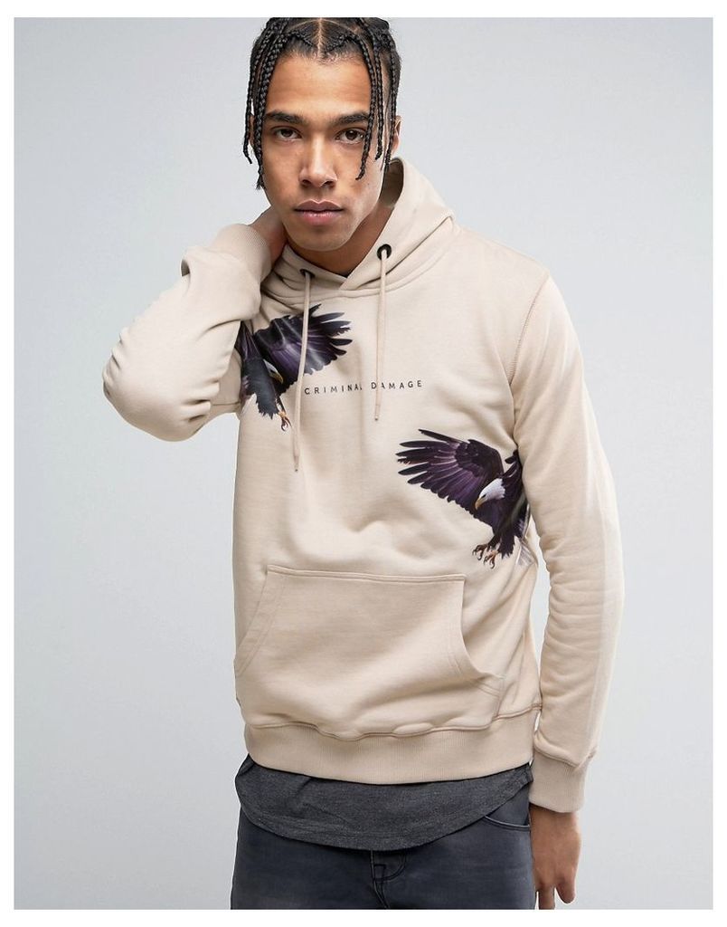 Criminal Damage Hoodie In Stone With Eagle Print - Stone