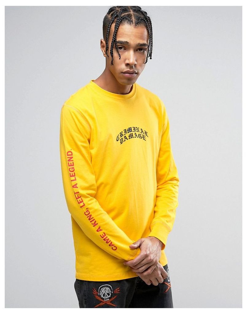 Criminal Damage Long Sleeve T-Shirt In Yellow With Sleeve Print - Yellow