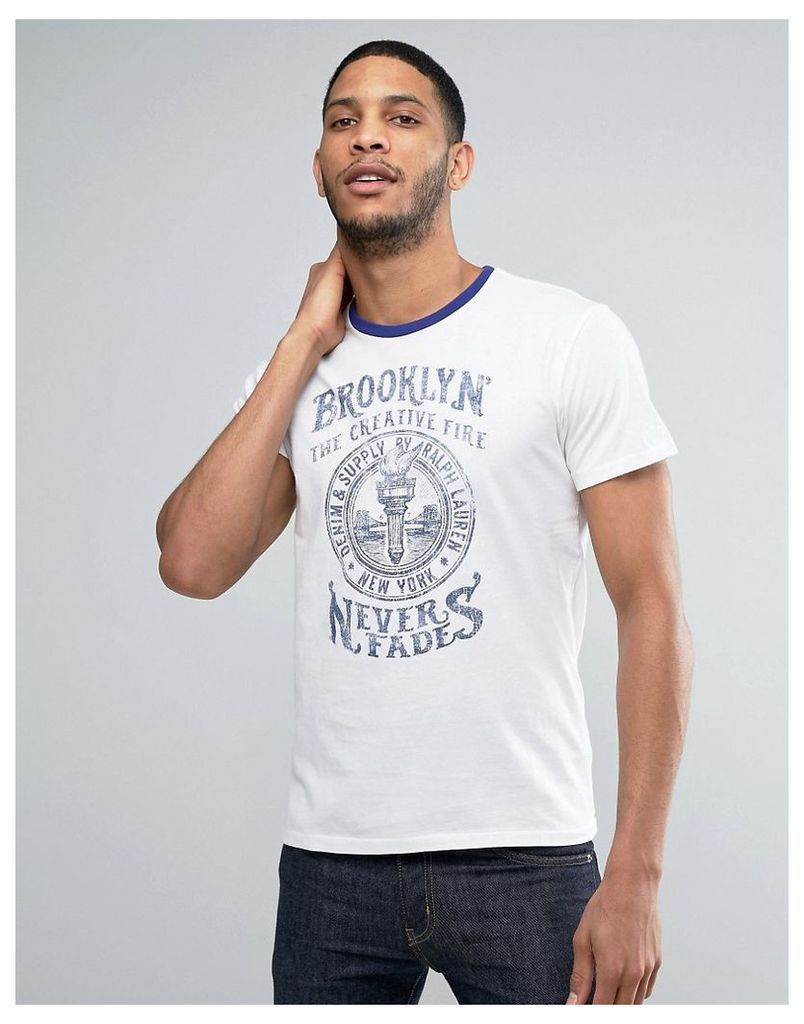 Denim & Supply Ralph Lauren Ringer T-Shirt Brooklyn Logo Regular Fit in White/Blue - White/blue