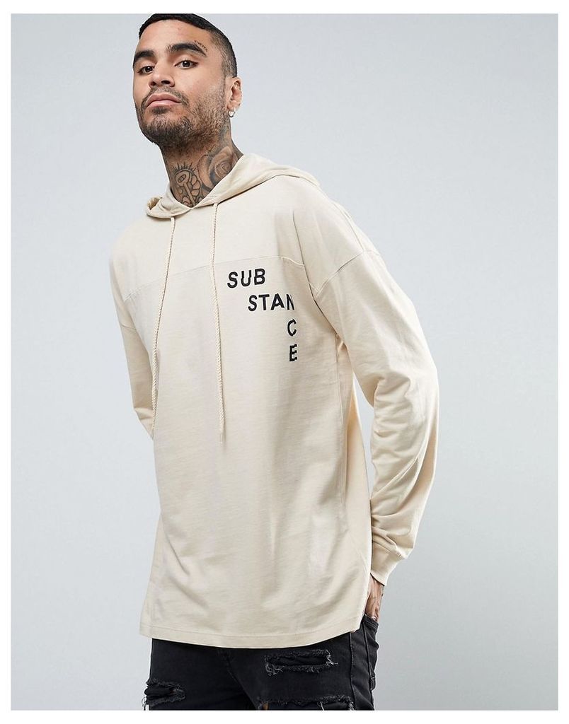 ASOS Dropped Shoulder Oversized Long Sleeve T-Shirt With Hood And Print - Beige