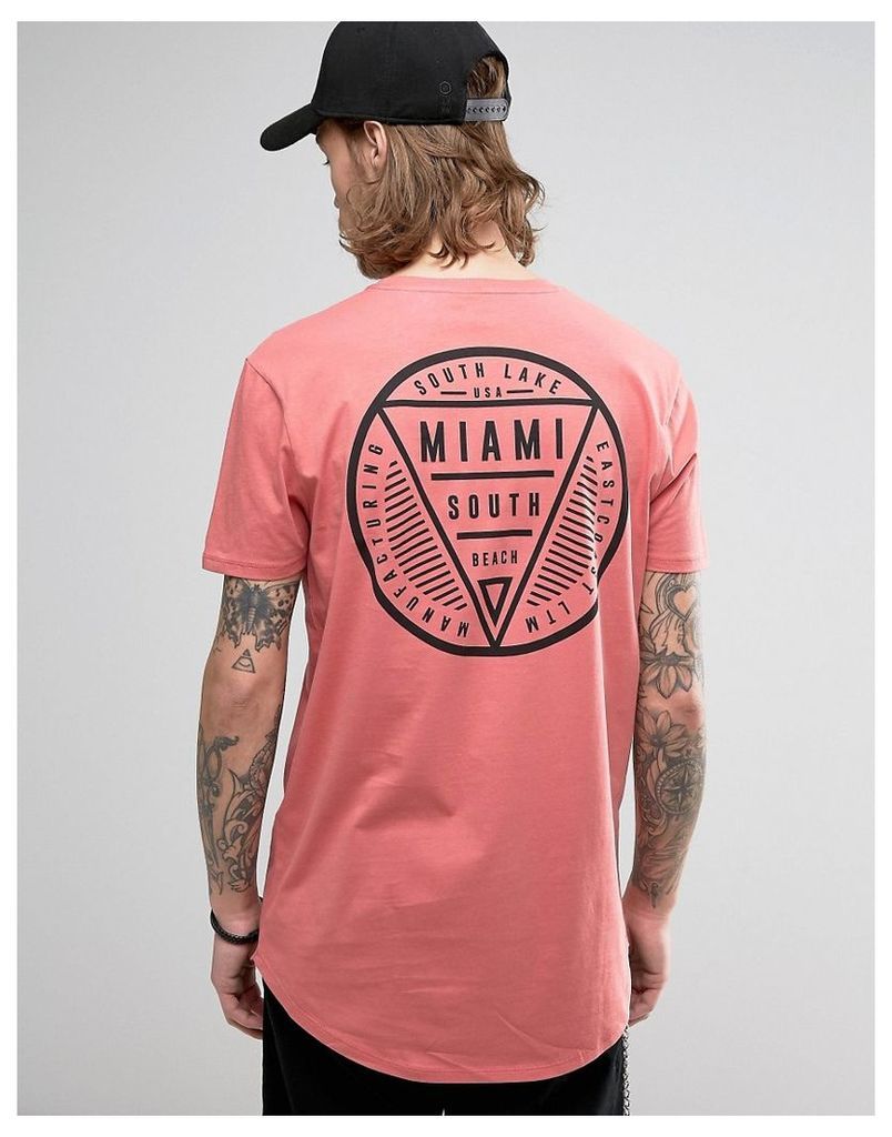ASOS Super Longline T-Shirt With Miami Print And Curve Hem - Pink