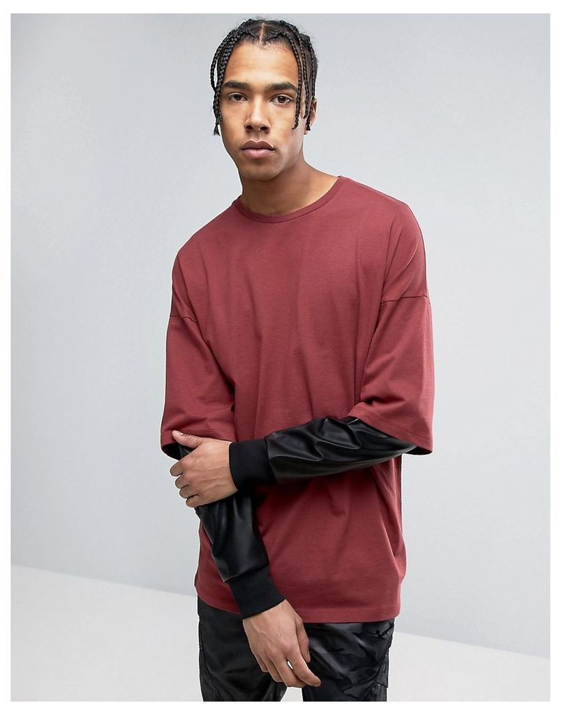 ASOS Oversized Long Sleeve T-Shirt With Leather Look Double Sleeve - Oxblood