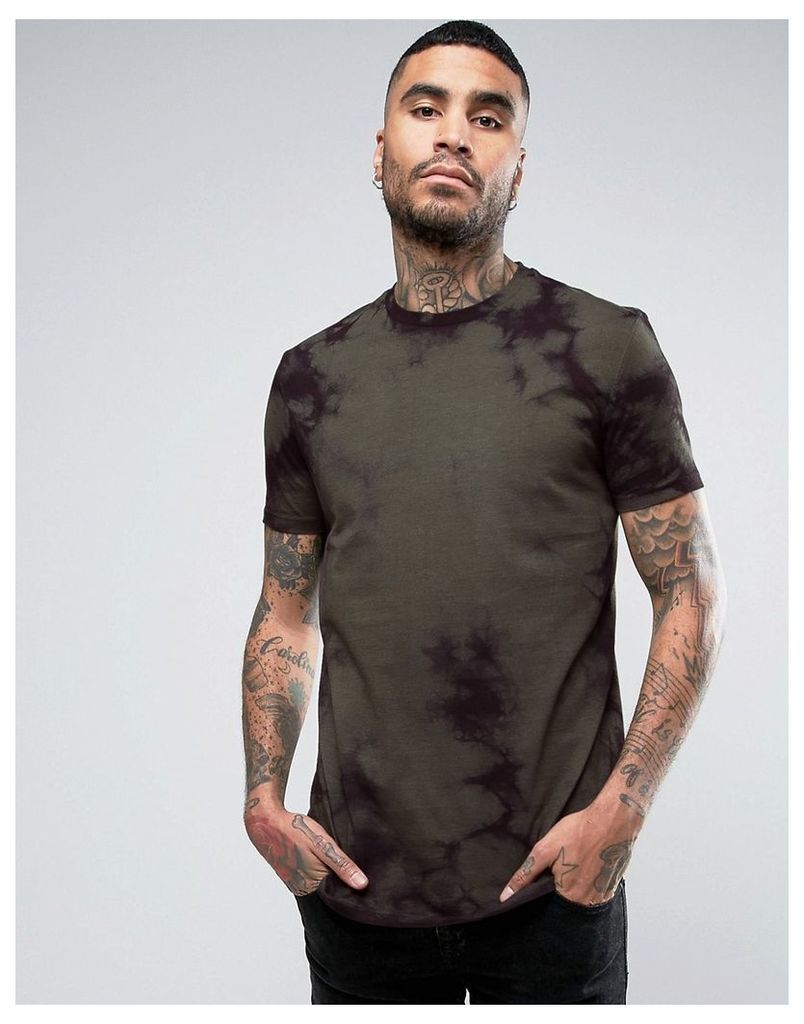 ASOS Longline T-Shirt In Khaki With Tie Dye - Khaki