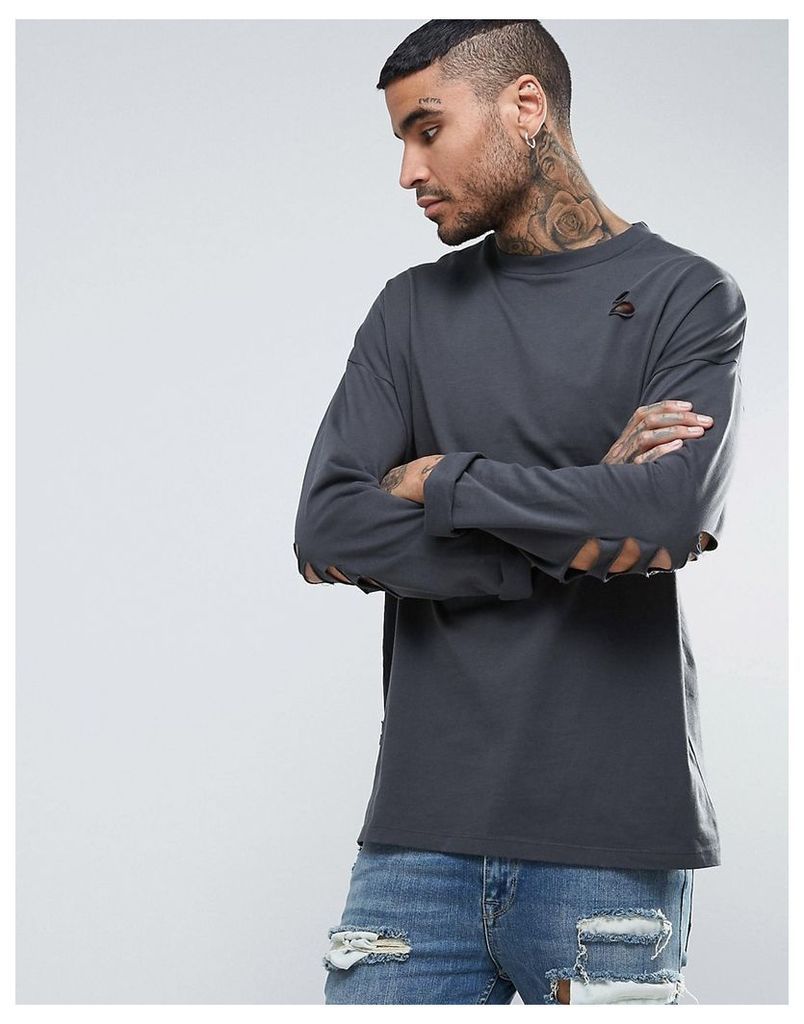 ASOS Oversized Long Sleeve T-Shirt In Washed Black With Distressing - Washed black