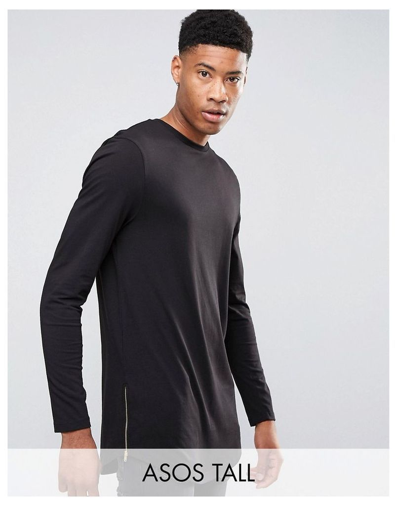 ASOS TALL Super Longline Long Sleeve T-Shirt With Curved Hem And Zips - Black