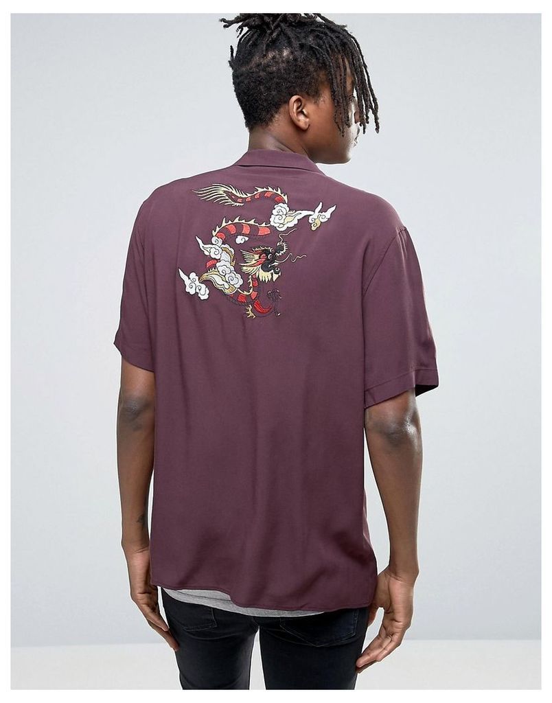 ASOS Regular Fit Viscose Shirt With Dragon Embroidery - Burgundy