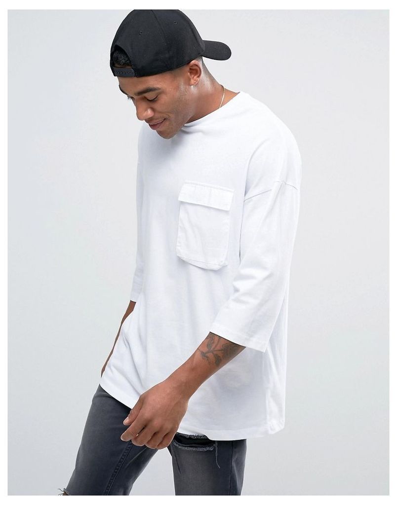 ASOS Super Longline T-Shirt With 3/4 Sleeve And Woven Pockets - White