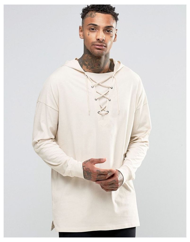 ASOS Oversized Longline Long Sleeve T-Shirt With Lace up Hood In Off White - Off white