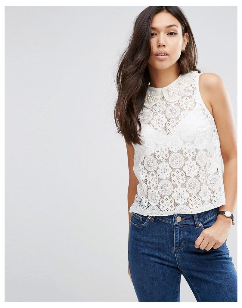 ASOS Top In Lace With Embellished Collar - Cream