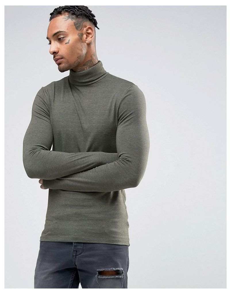 ASOS Extreme Muscle Long Sleeve T-Shirt With Roll Neck In Khaki - Khaki