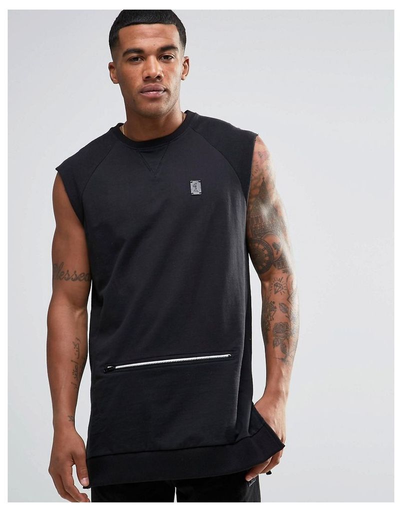 Religion Trail Sleeveless Sweatshirt with Zip Detail Pocket - Black