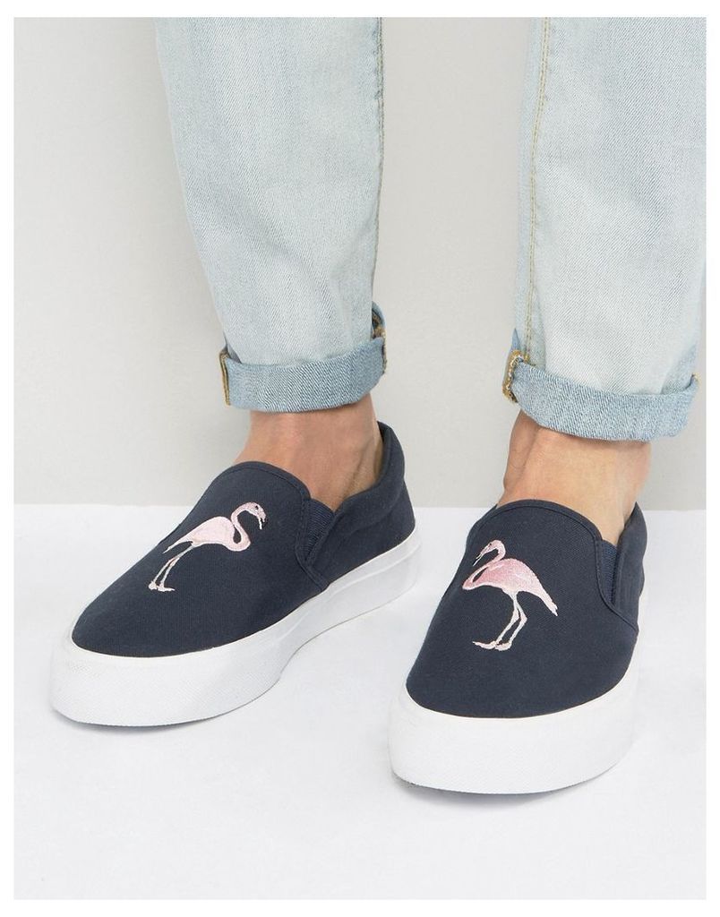 ASOS Slip On Plimsolls In Navy Canvas With Flamingo Embroidery - Navy