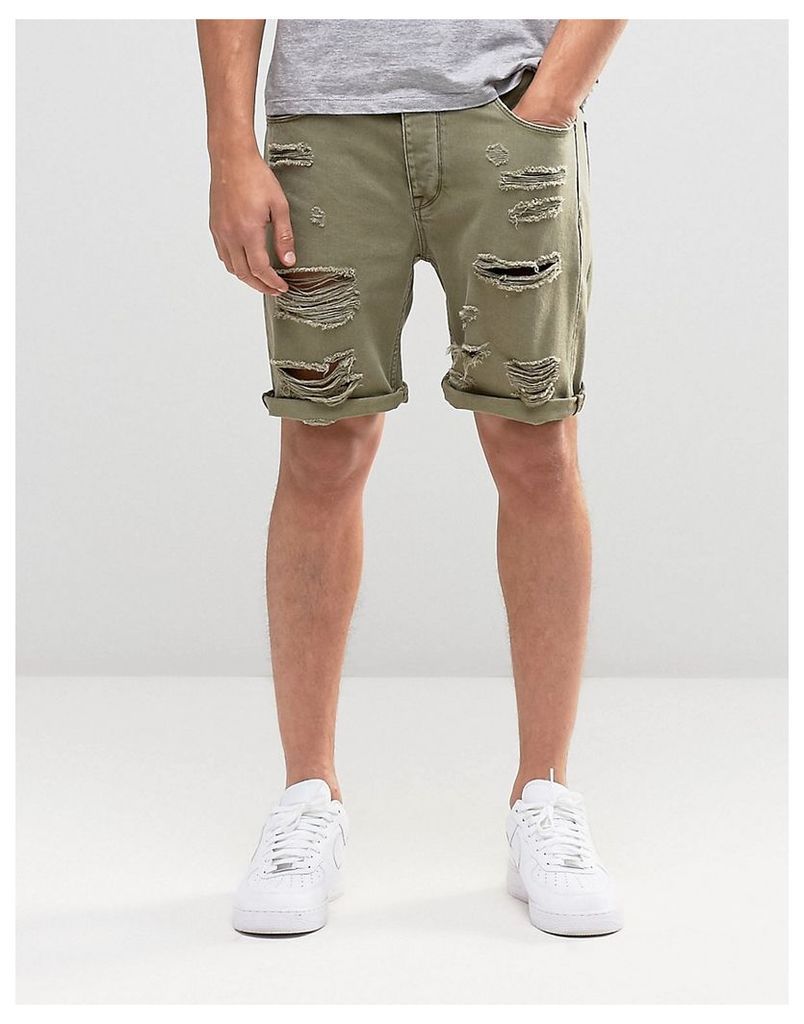 ASOS Denim Shorts In Slim Fit With Extreme Rips In Green - Burnt olive
