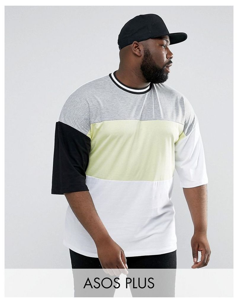 ASOS PLUS Oversized T-Shirt With Neon Colour Blocking & Mis-Match Sleeves - White