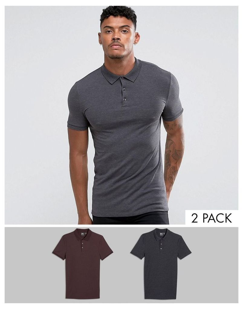 ASOS DESIGN extreme muscle fit polo 2 pack SAVE - Dusted truf/char mar