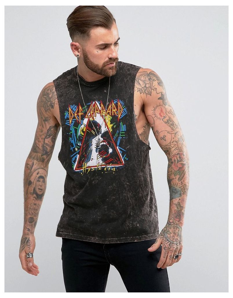 ASOS Def Leppard Sleeveless Band T-Shirt With Acid Wash And Dropped Armhole - Black