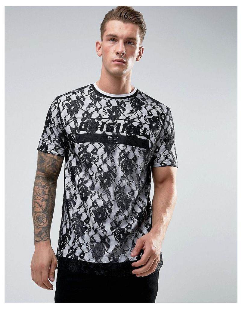 ASOS Longline T-Shirt With Lace Double Layer And Text Print - Black