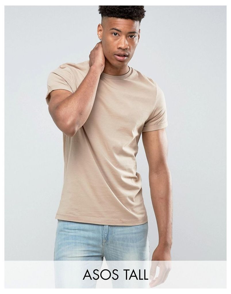 ASOS TALL T-Shirt With Roll Sleeve In Beige - Cardboard