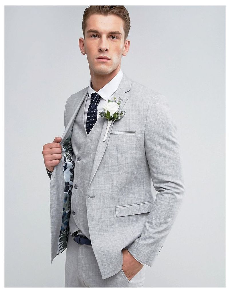 ASOS Wedding Skinny Suit Jacket in Crosshatch Nep In Light Grey With Floral Print Lining