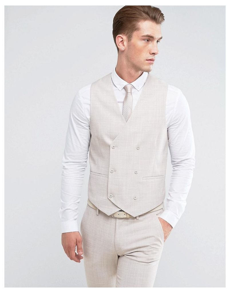 ASOS Wedding Skinny Suit Waistcoat in Crosshatch Nep In Putty With Floral Print Lining - Putty