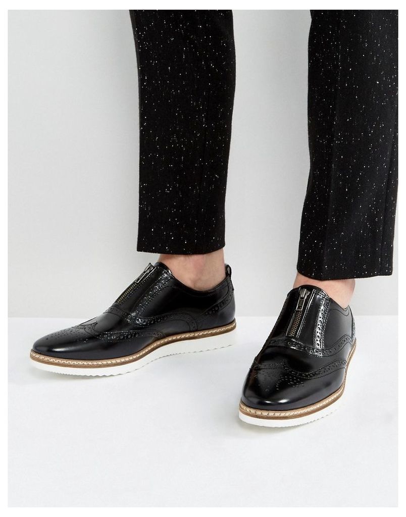 ASOS Brogue Shoes In Black Leather With Zip Detail - Black