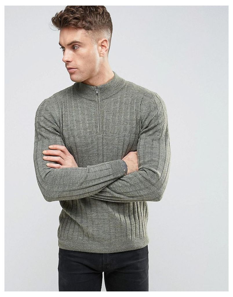 ASOS Cable and Rib Mix Jumper with Zip Turtle Neck in Wool Mix - Slate green