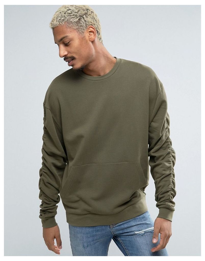 ASOS Oversized Sweatshirt With Ruched Sleeves In Khaki - Toad