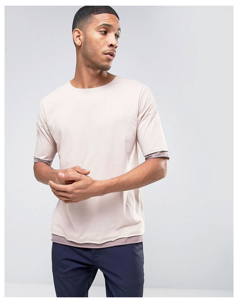 ASOS Oversized T-Shirt With Contrast Cuff And Hem Extender And Crew Neck - Pink/pink