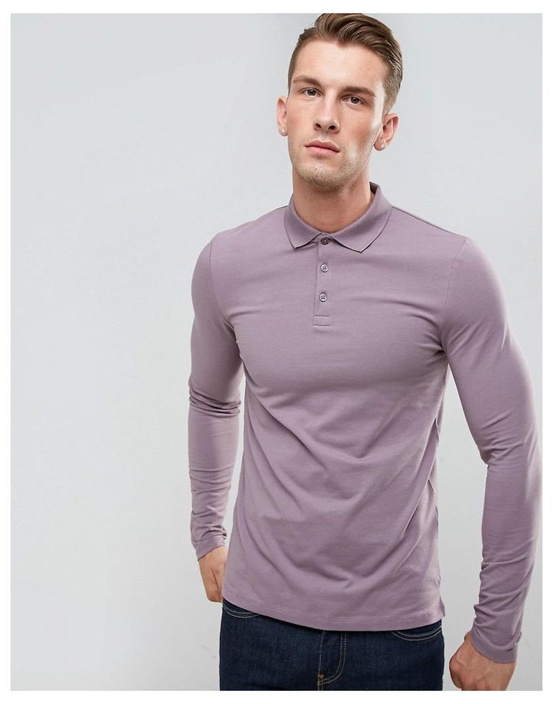 ASOS Muscle Fit Long Sleeve Jersey Polo In Purple - Dusty lilac