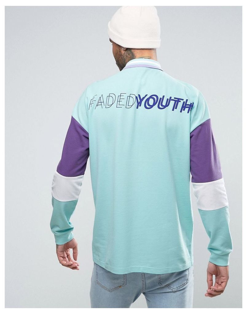 ASOS Oversized Long Sleeve Pique Polo With Faded Youth Back Print - Pale green