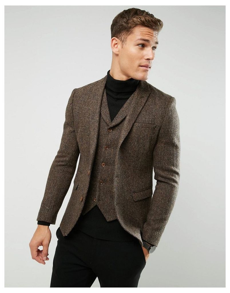 ASOS Slim Blazer In Harris Tweed 100% Wool Herringbone - Brown