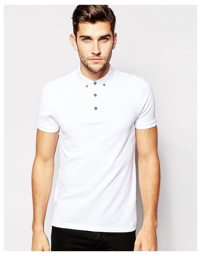 ASOS Polo Shirt In White Pique With Button Down Collar - White