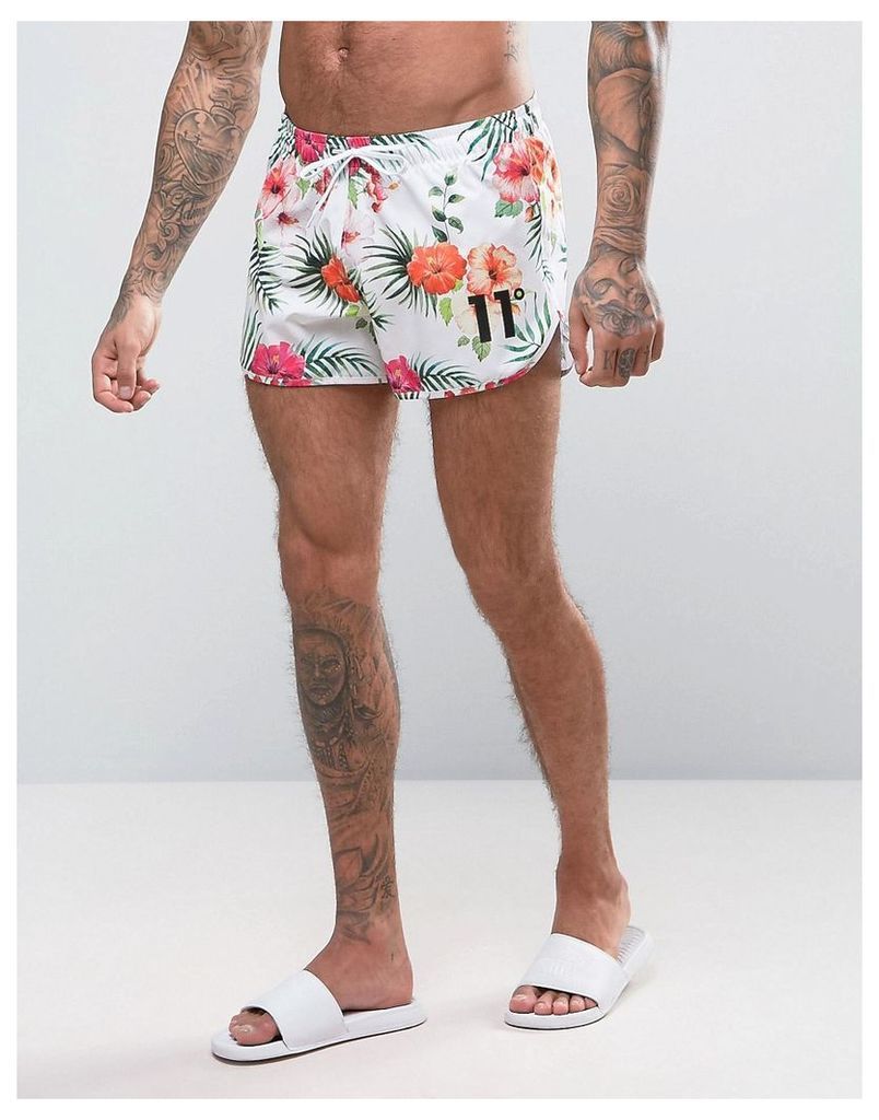 11 Degrees Runner Swim Shorts With Floral Print In Super Short - White