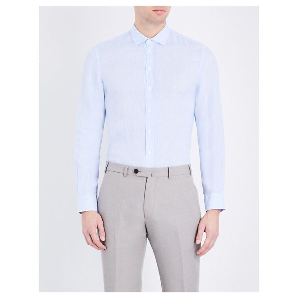 Armani Collezioni Slim-fit linen shirt, Mens, Size: L, Sky