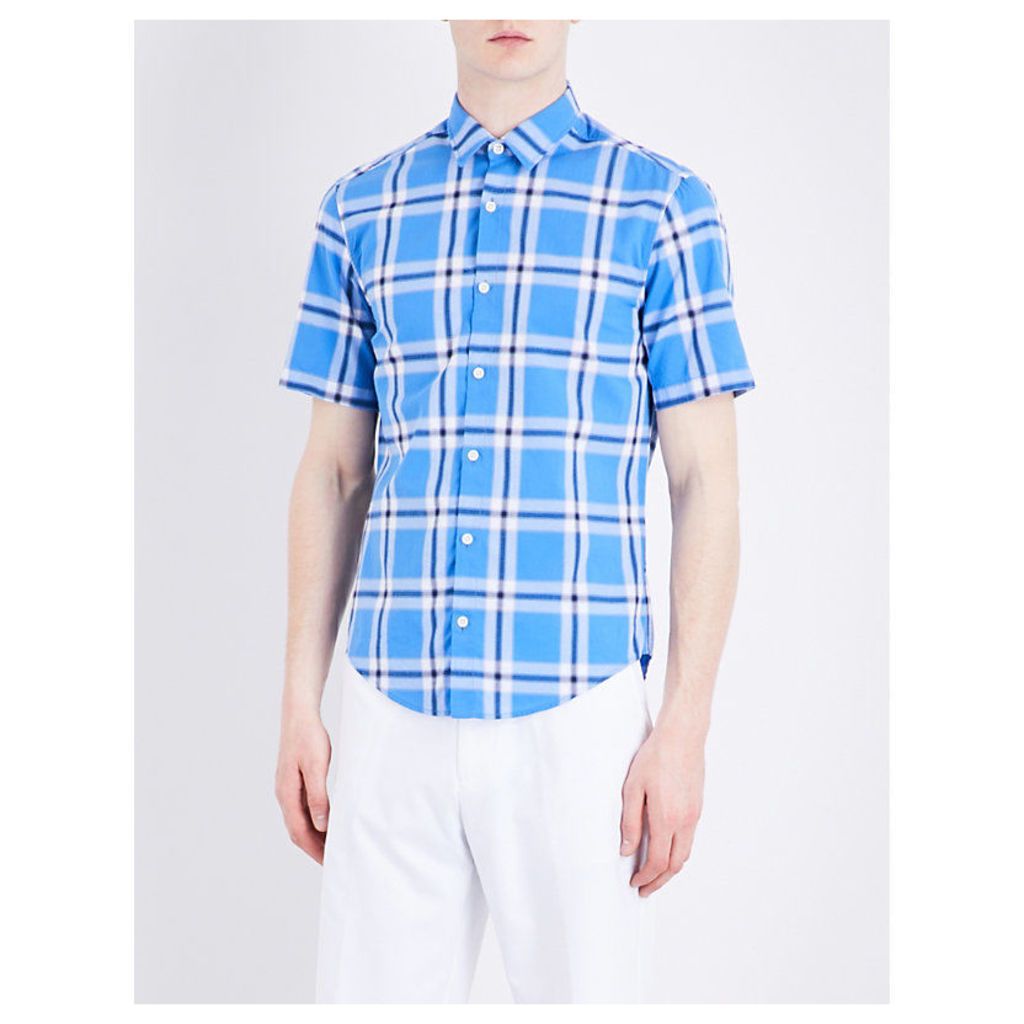 Hugo Boss Checked short-sleeved cotton shirt, Mens, Size: S, Medium Blue