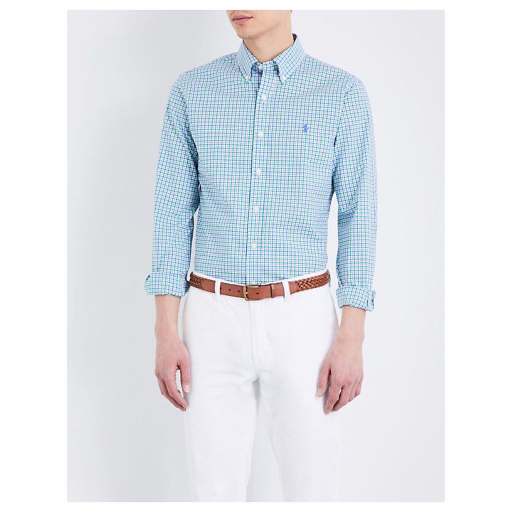 Polo Ralph Lauren Slim-fit cotton-poplin shirt, Mens, Size: XL, 1532a blue/lime