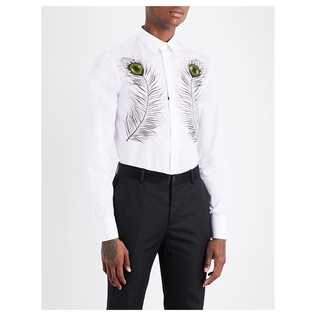 Peacock feather-embroidered slim-fit cotton shirt