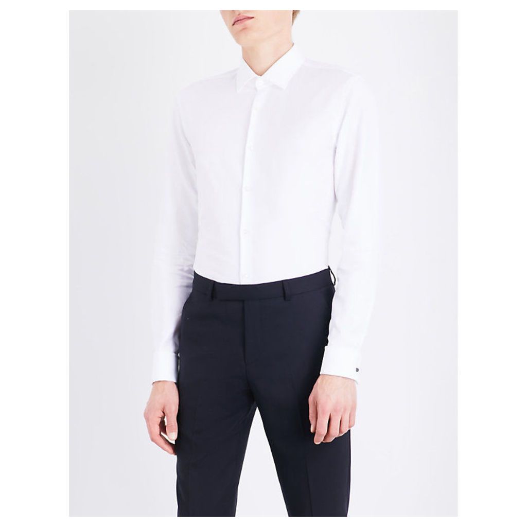 Boss Hopsack slim-fit double-cuff cotton shirt, Mens, Size: 15, White