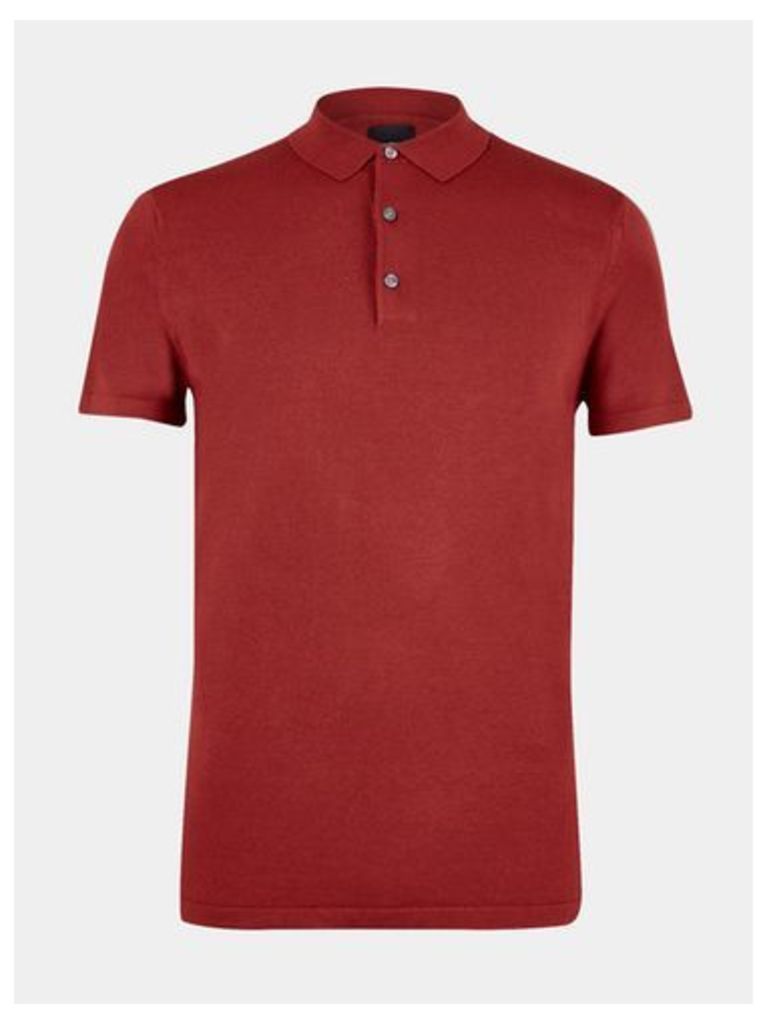 Mens Burnt Red Short Sleeve Knitted Polo Shirt, DARK RED
