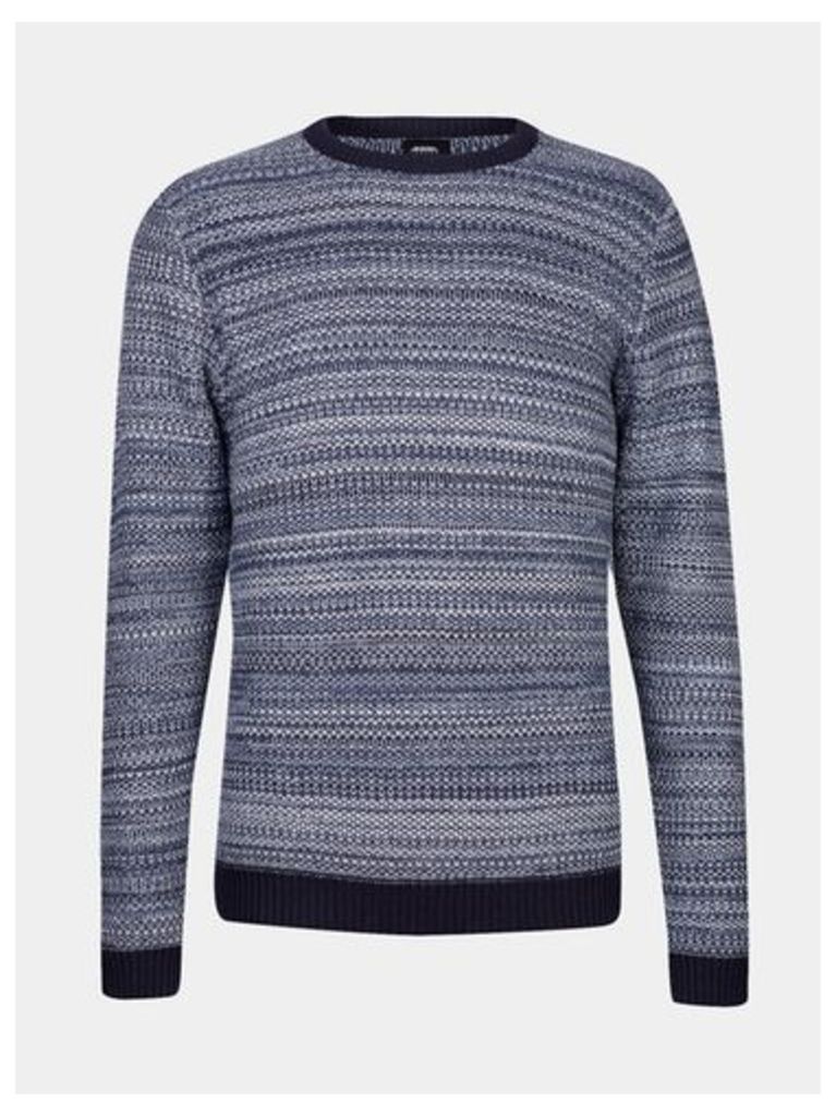 Mens Navy And Ecru Textured Knitted Jumper, Blue