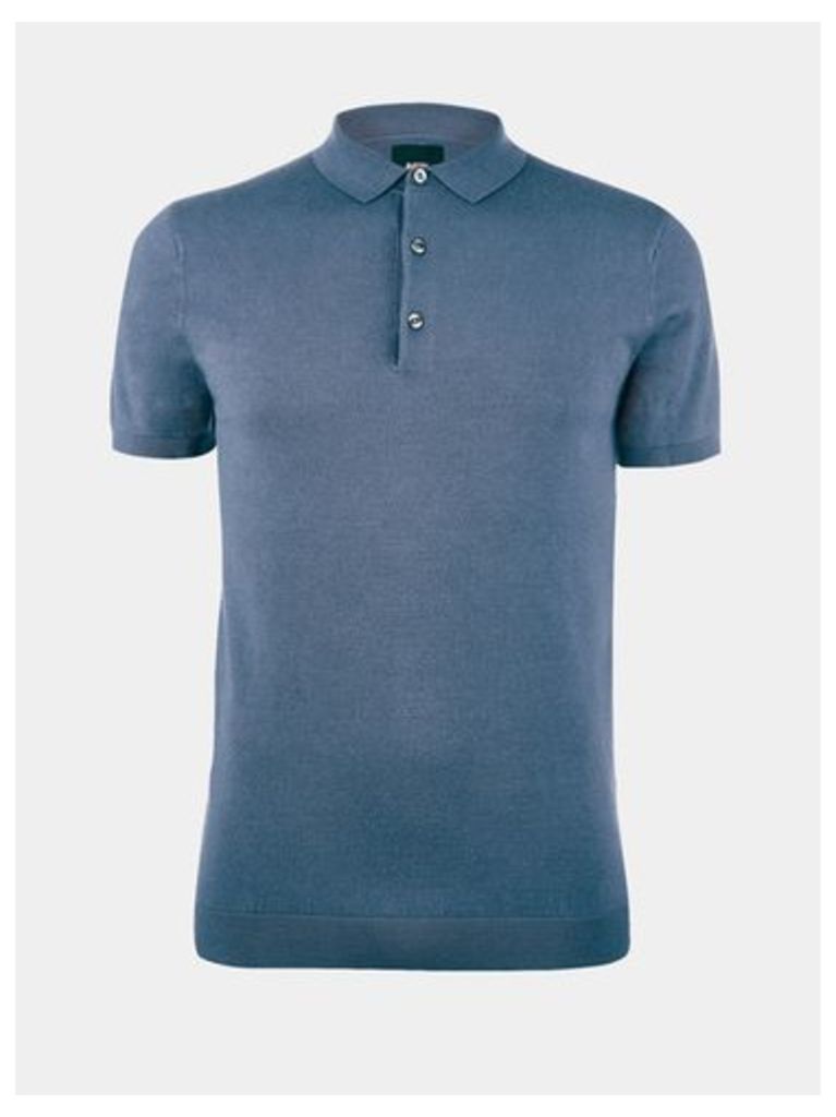 Mens Blue Short Sleeve Knitted Polo Shirt, MID BLUE