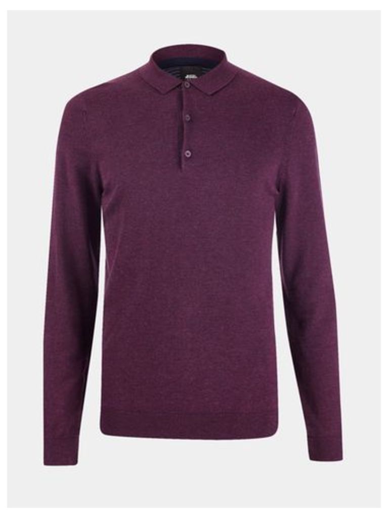 Mens Purple Long Sleeve Knitted Polo Jumper, Purple