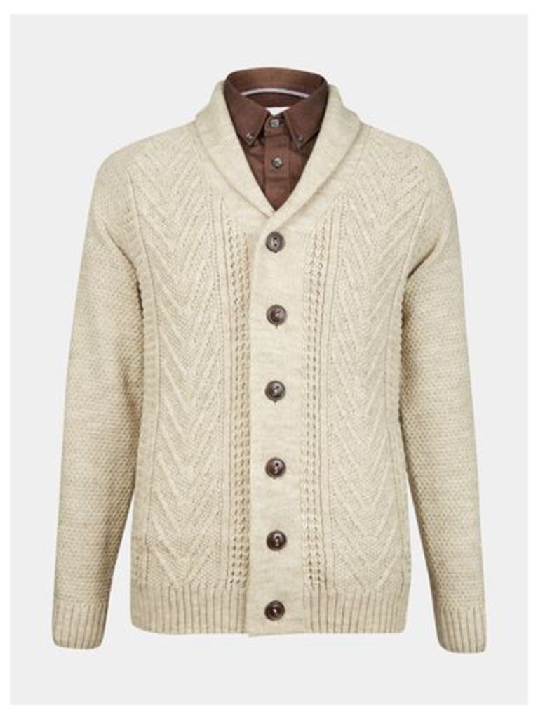 Mens Oatmeal Shawl Neck Cable Cardigan, Cream
