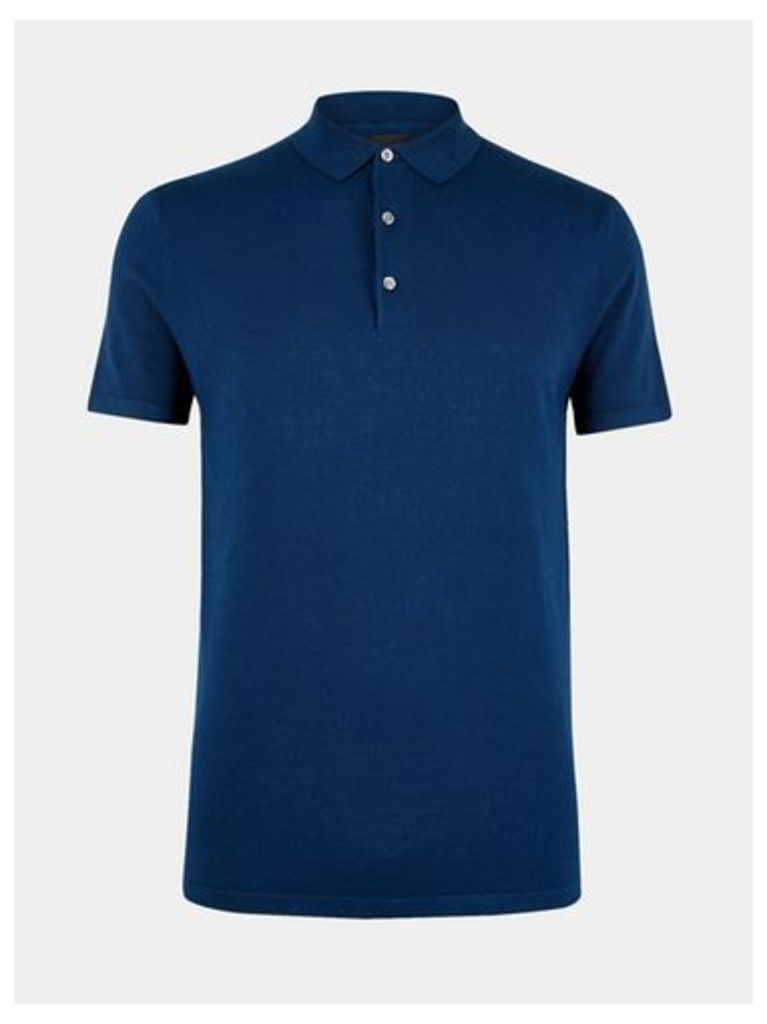 Mens Dark Blue Short Sleeve Knitted Polo Shirt, DARK BLUE